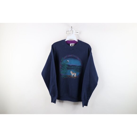 Vintage 90s Streetwear Womens Medium Faded Nature Wolf Moon Sweatshirt Blue USA - Picture 1 of 12